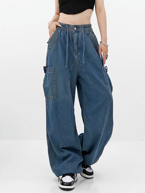 Jean Azul de Pierna Ancha con Cintura Elástica para Mujer