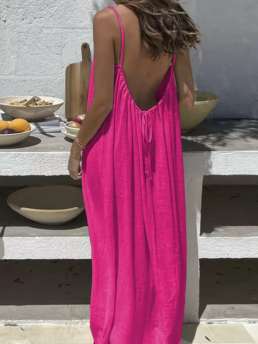 Vestido Largo Suelto Sin Mangas con Tirantes y Espalda Descubierta