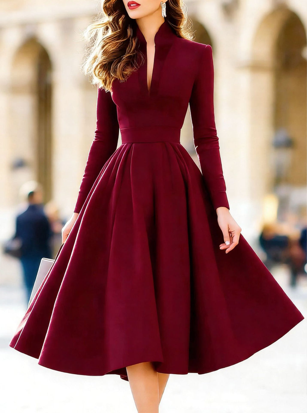Vestido Ajustado de Manga Larga con Escote en V y Cinturón