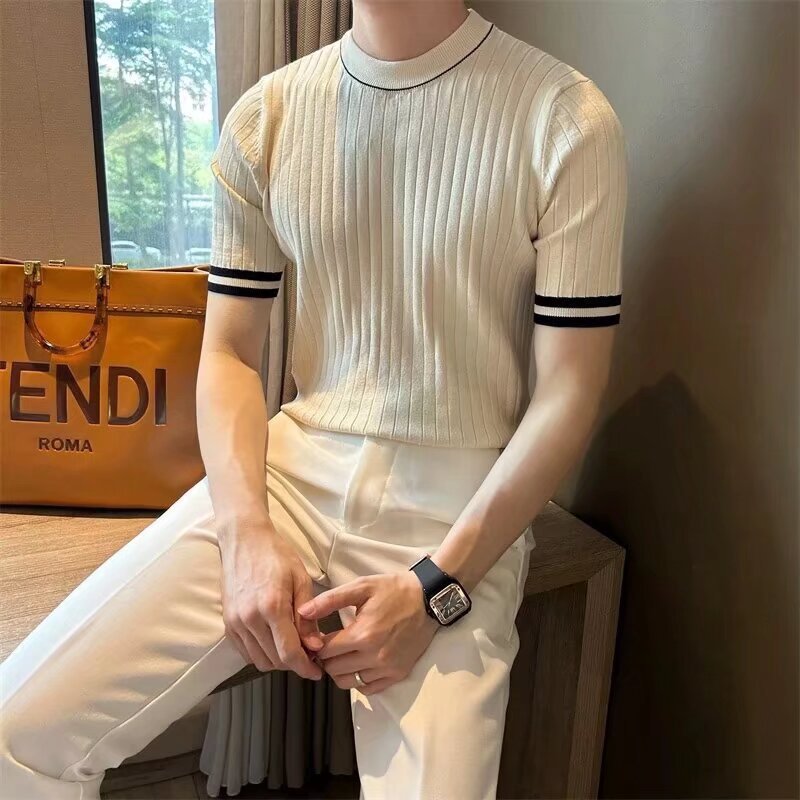 Camiseta de punto cuello redondo para hombre - Manga corta color sólido