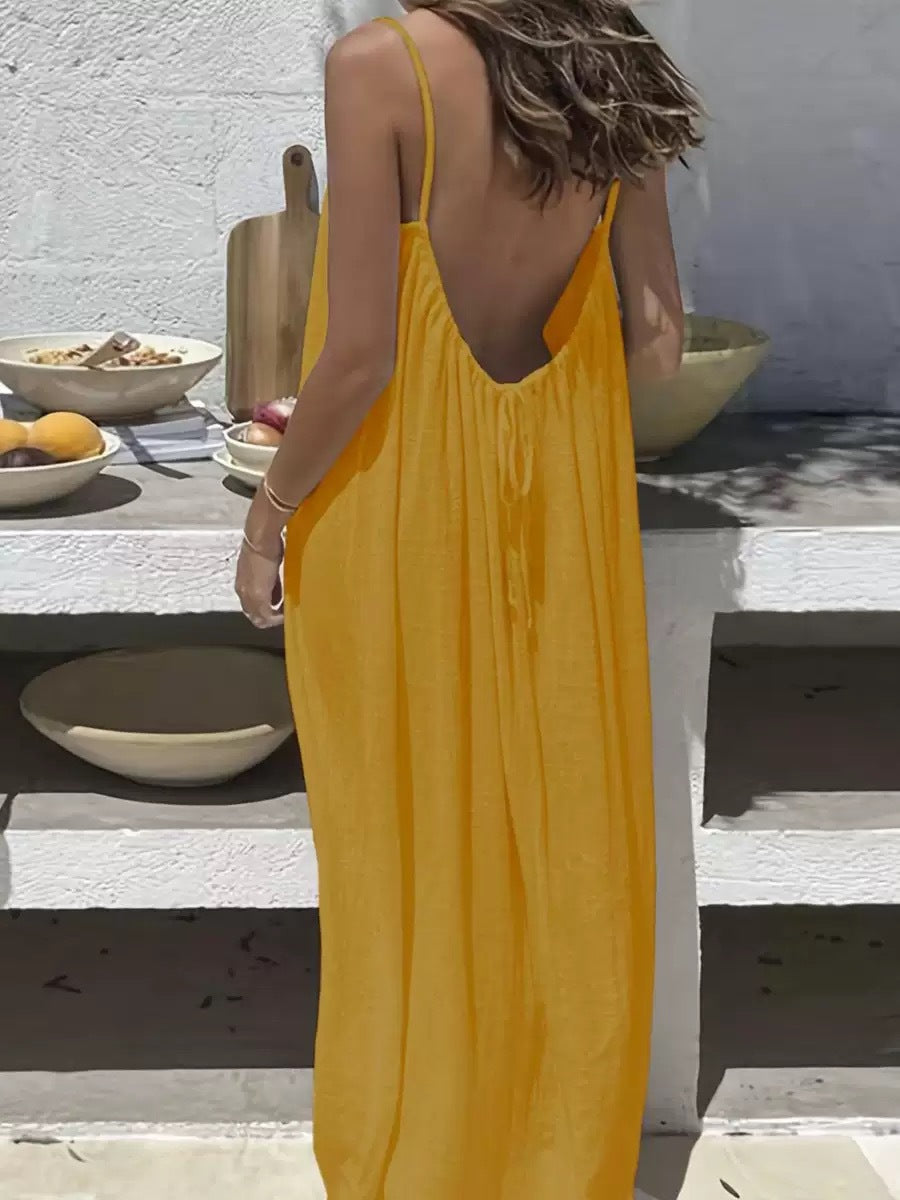 Vestido Largo Suelto Sin Mangas con Tirantes y Espalda Descubierta