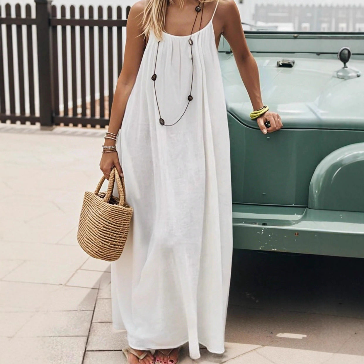 Vestido Largo Suelto Sin Mangas con Tirantes y Espalda Descubierta