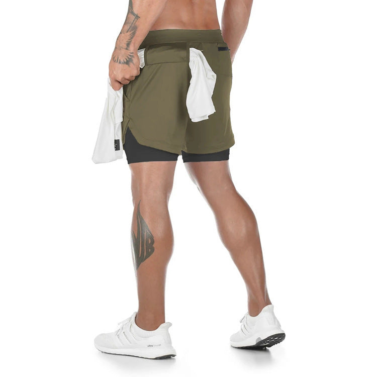 Muscle-Burning Athletic Shorts for Men, Double-Layer Color-Blocked Towel Hook Design, Breathable Solid Color Shorts