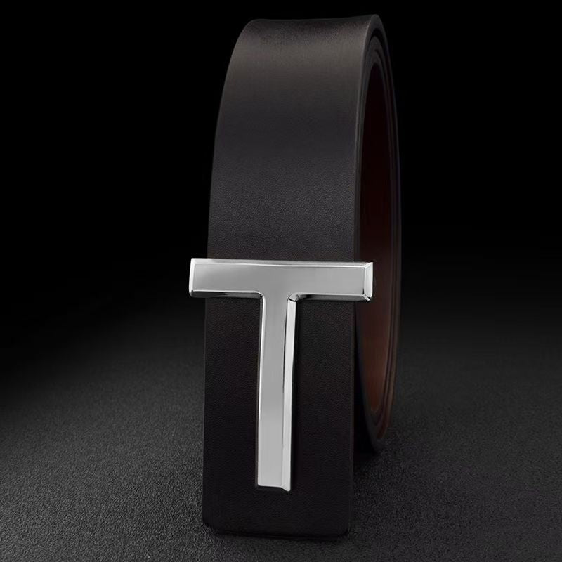 Cinturón de Cuero Genuino para Hombre - Hebilla Lisa Tipo T