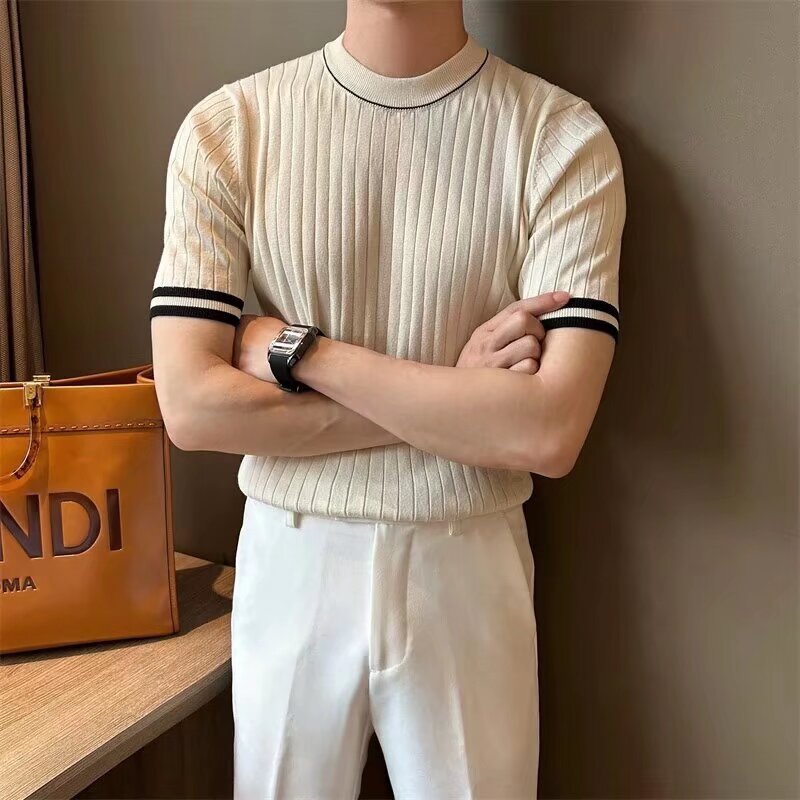 Camiseta de punto cuello redondo para hombre - Manga corta color sólido