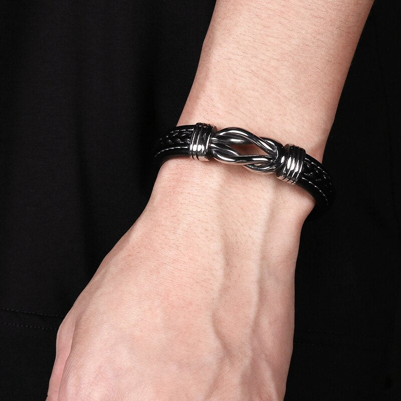 Pulsera Punk de Cuero y Acero Inoxidable para Hombre