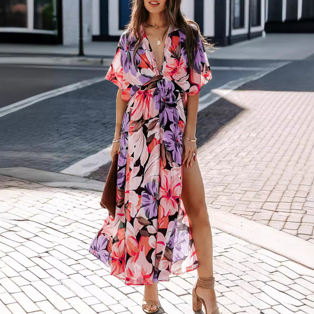 Vestido Largo Estampado con Abertura y Talle Alto para Mujer