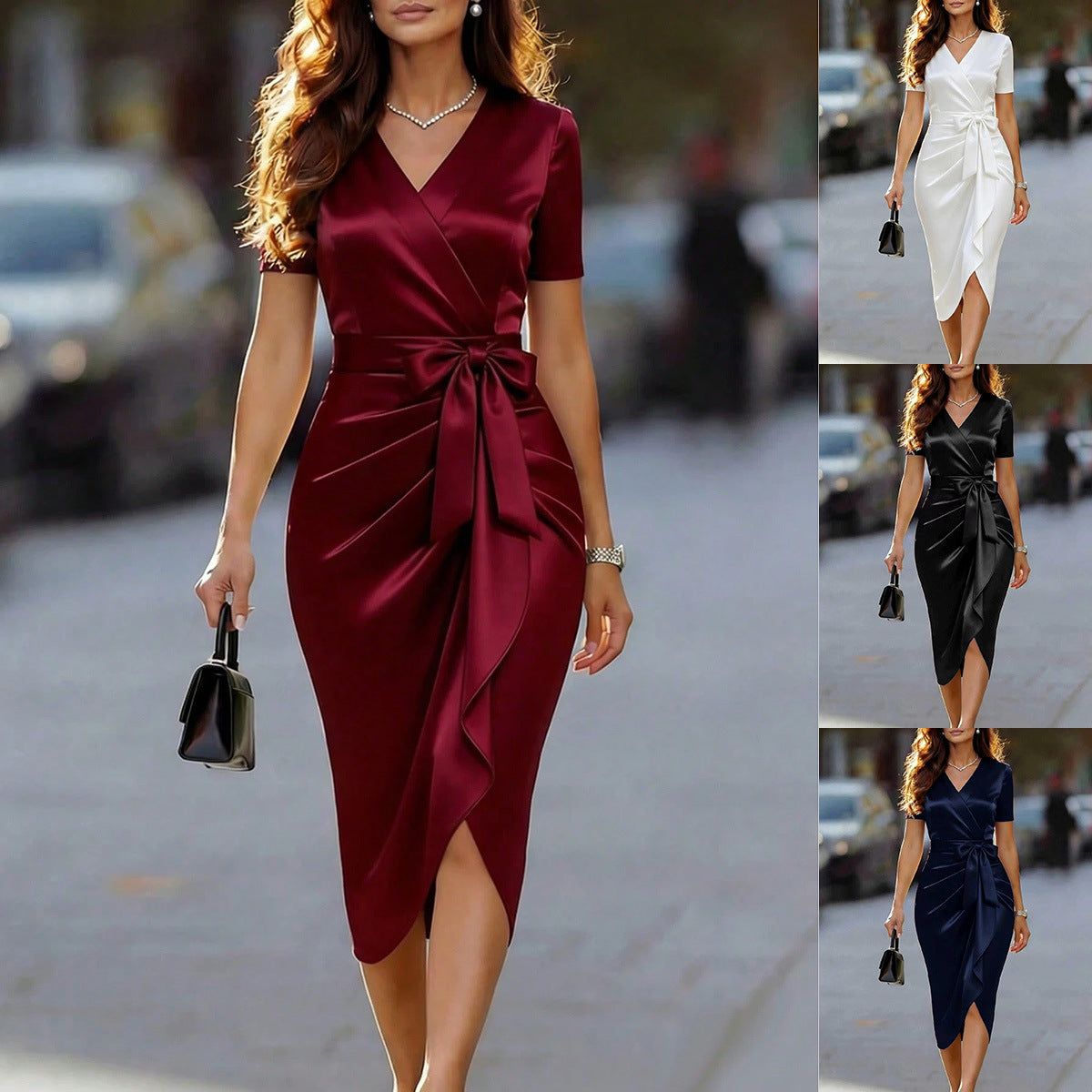 Vestido midi de manga corta con cuello en V y lazo
