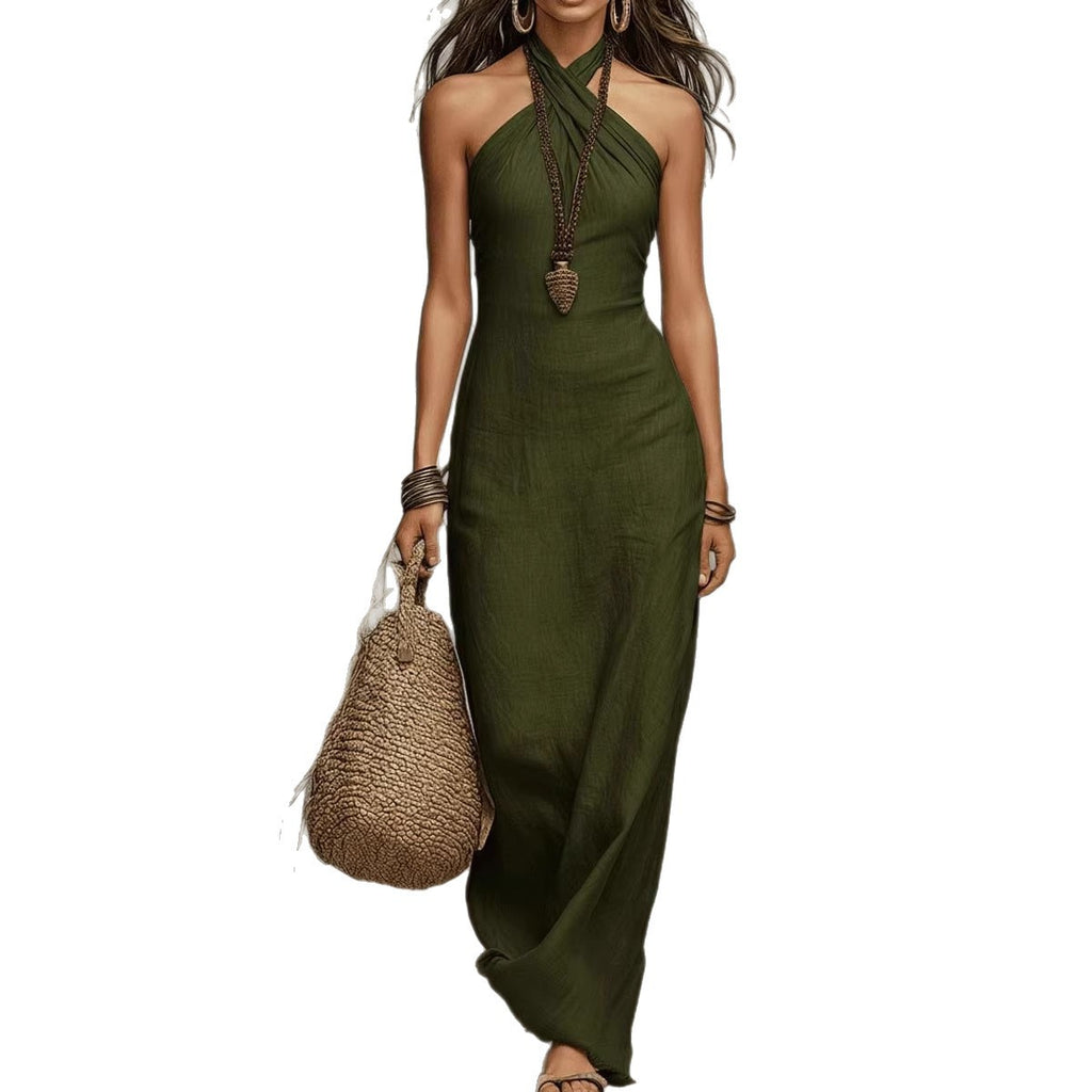 Vestido Largo Sin Mangas con Cuello Halter y Talle Alto