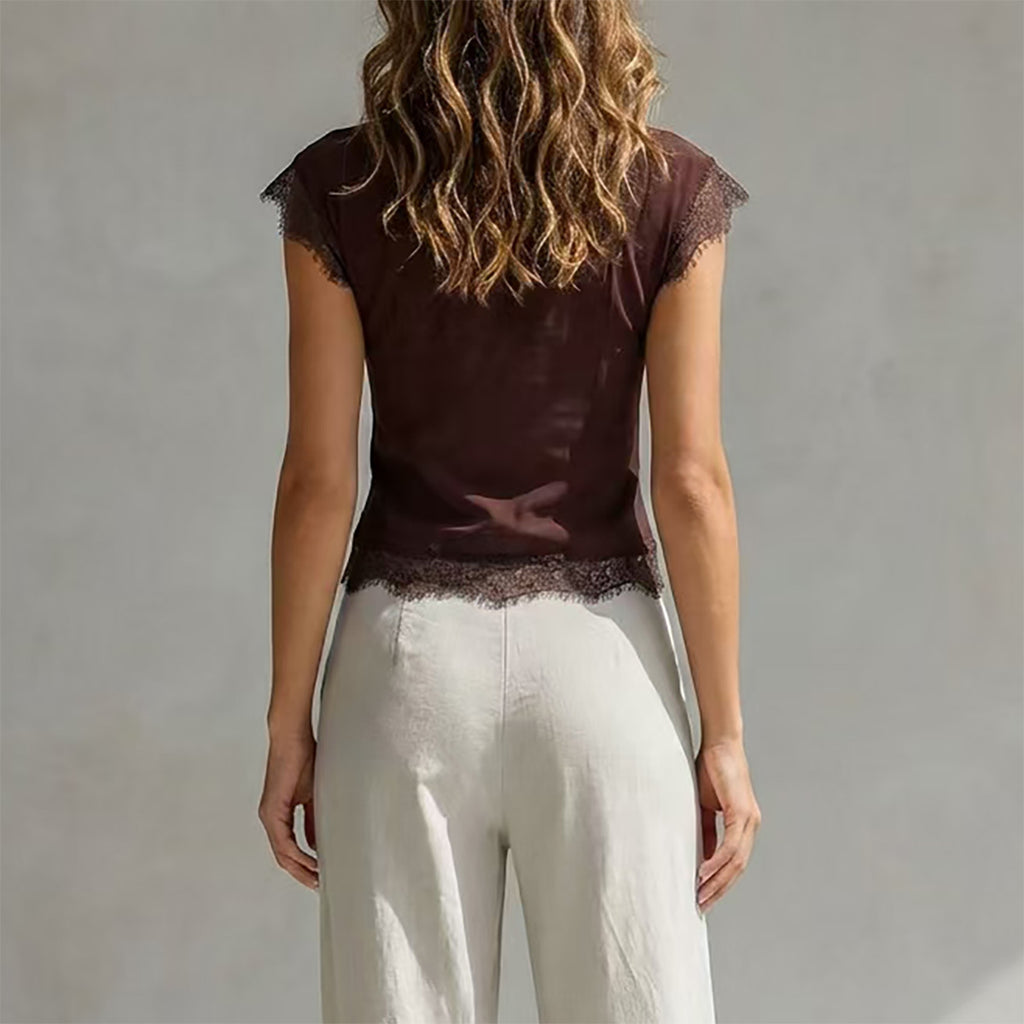 Lace patchwork lace up waist cinching see through top