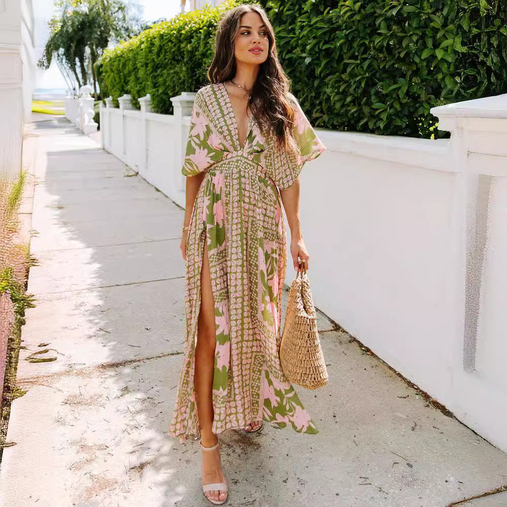 Vestido Largo Estampado con Abertura y Talle Alto para Mujer
