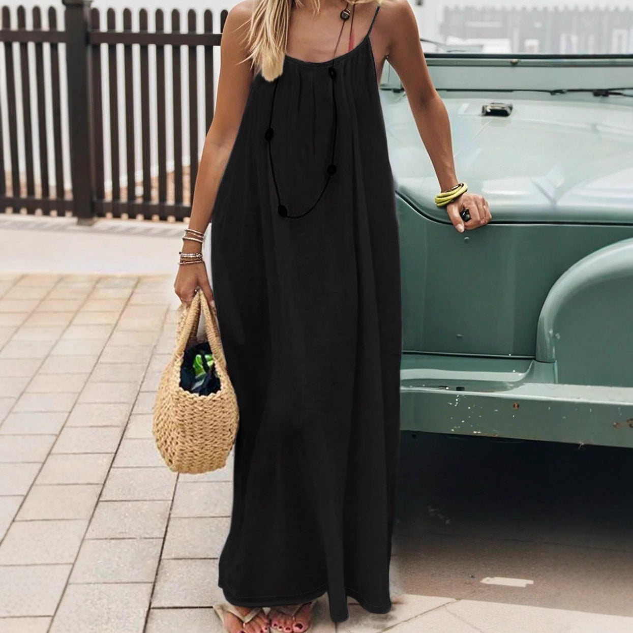 Vestido Largo Suelto Sin Mangas con Tirantes y Espalda Descubierta