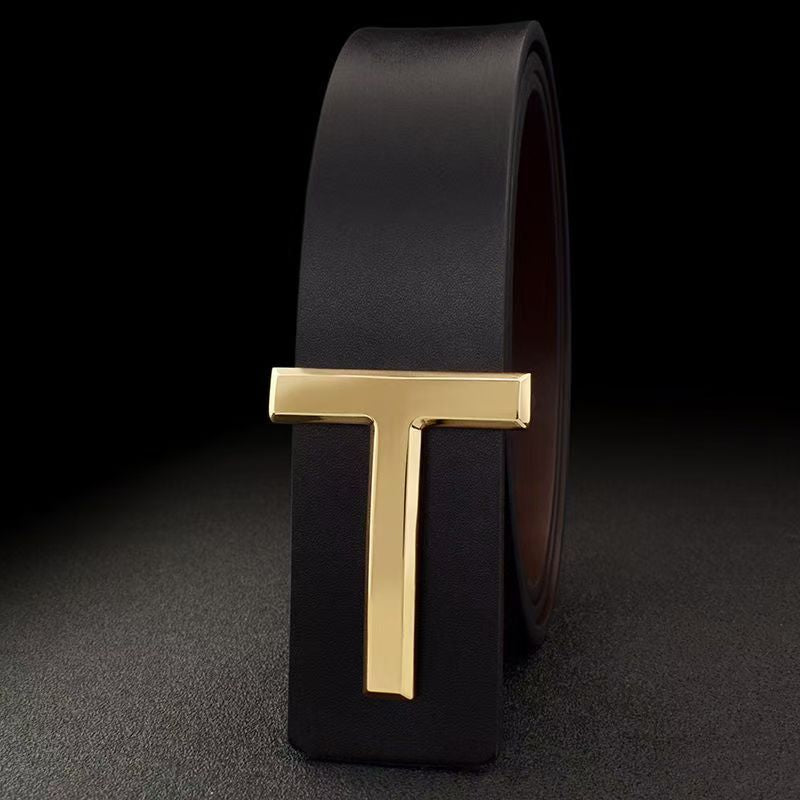 Cinturón de Cuero Genuino para Hombre - Hebilla Lisa Tipo T