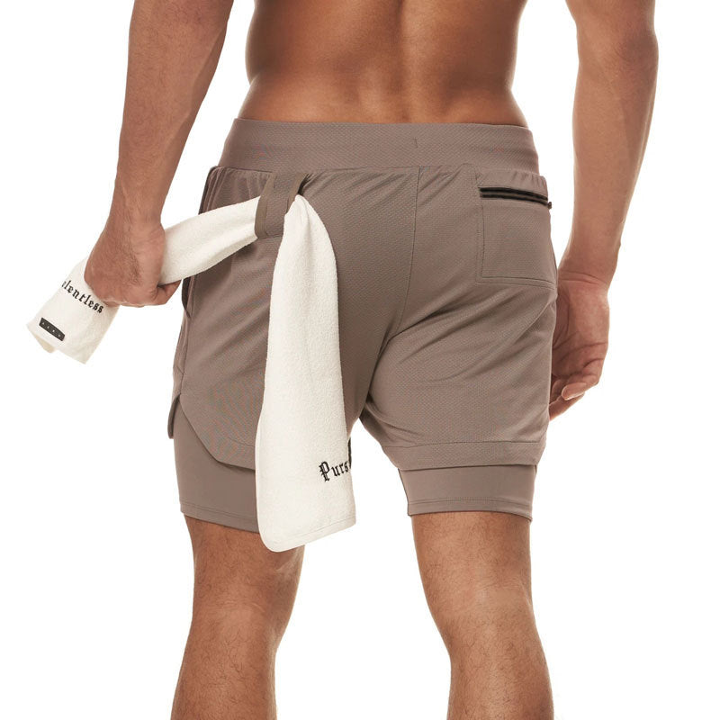Muscle-Burning Athletic Shorts for Men, Double-Layer Color-Blocked Towel Hook Design, Breathable Solid Color Shorts
