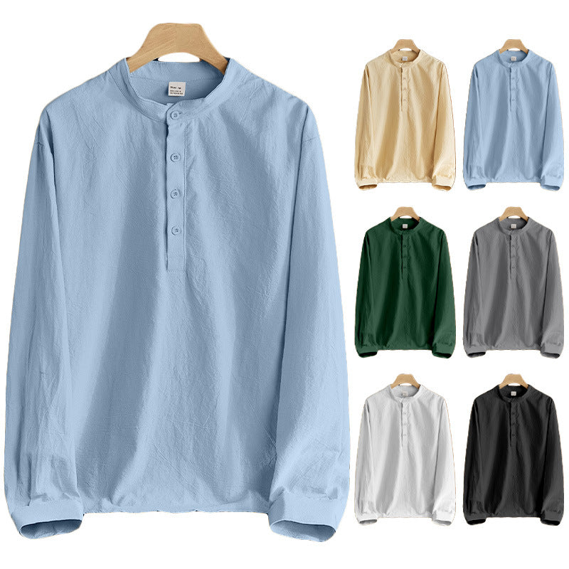 Camisa cuello redondo manga larga para hombre - Lino y poliéster