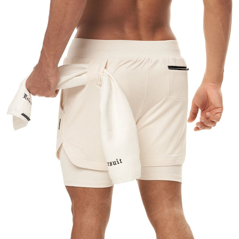 Muscle-Burning Athletic Shorts for Men, Double-Layer Color-Blocked Towel Hook Design, Breathable Solid Color Shorts