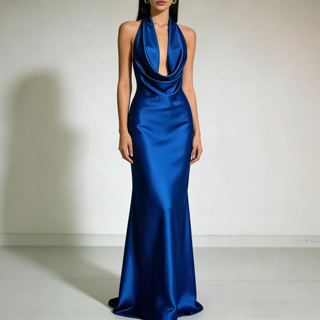 Vestido largo de noche en satén sin tirantes y espalda descubierta