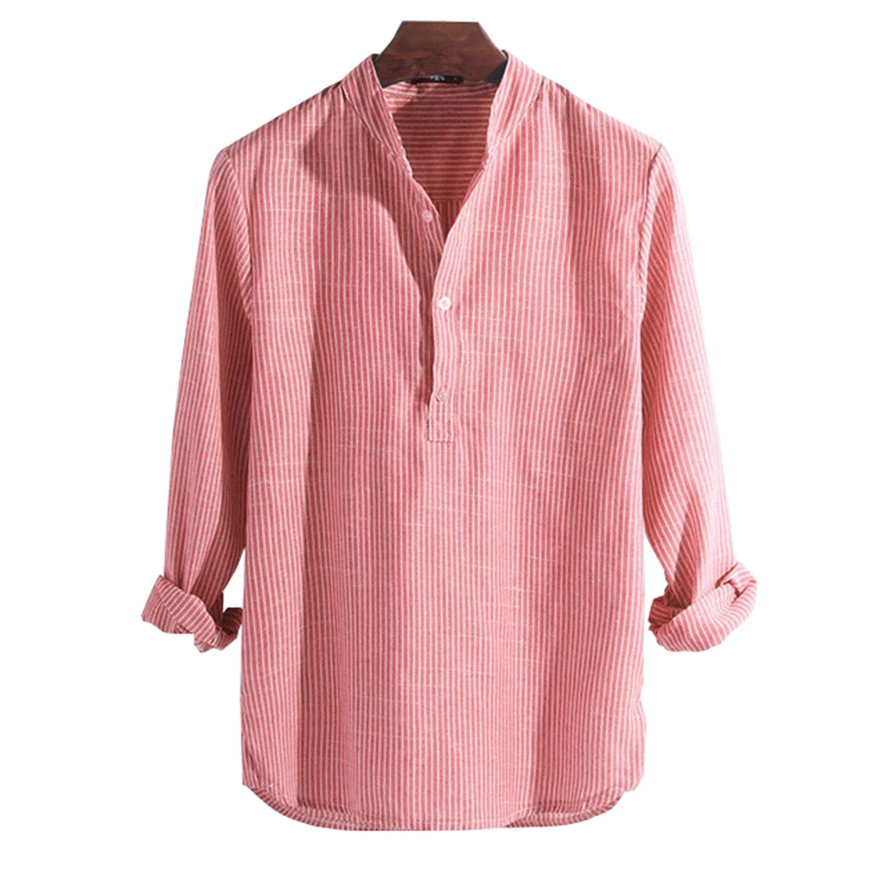 Camisa a rayas manga larga para hombre - Cuello mao slim fit