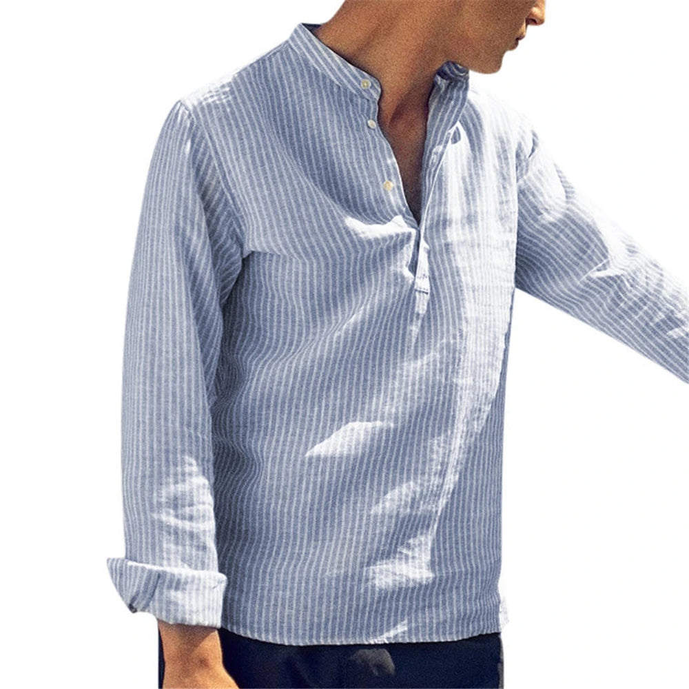 Camisa a rayas manga larga para hombre - Cuello mao slim fit