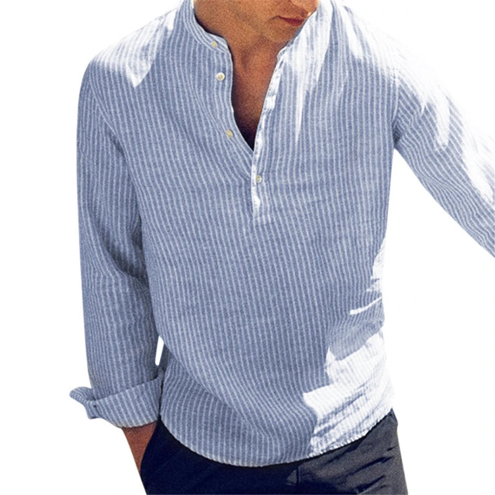 Camisa a rayas manga larga para hombre - Cuello mao slim fit
