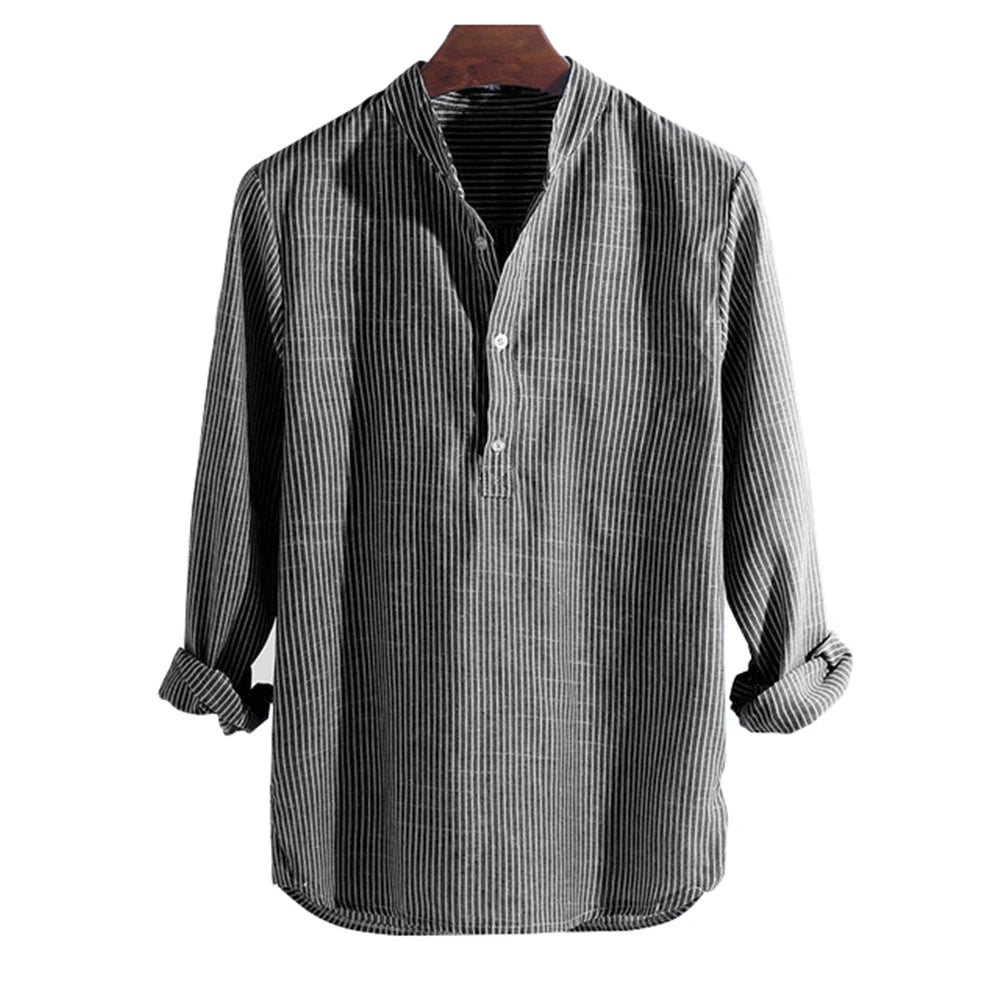 Camisa a rayas manga larga para hombre - Cuello mao slim fit