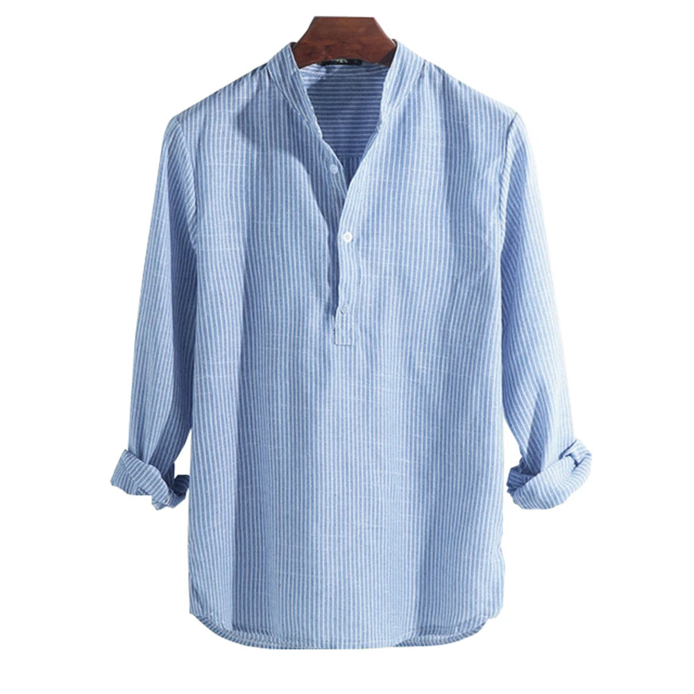 Camisa a rayas manga larga para hombre - Cuello mao slim fit