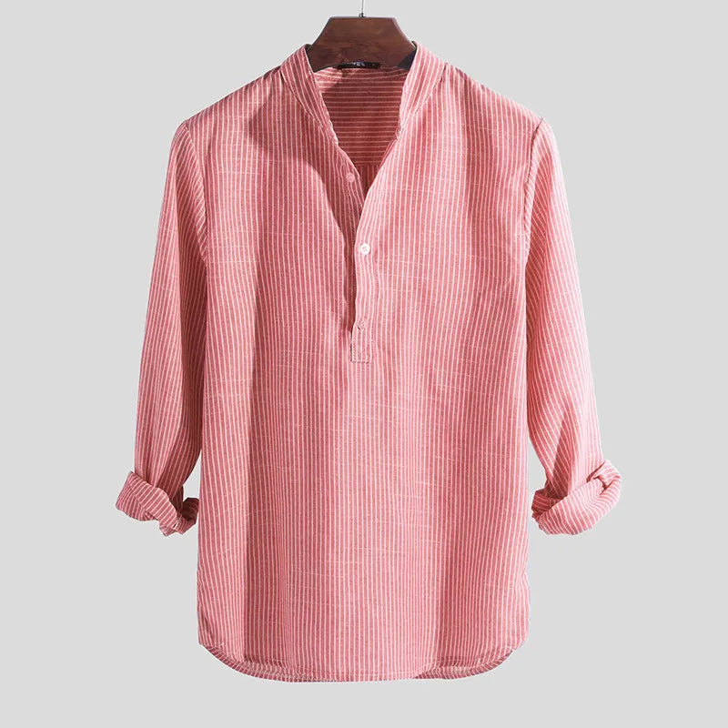 Camisa a rayas manga larga para hombre - Cuello mao slim fit