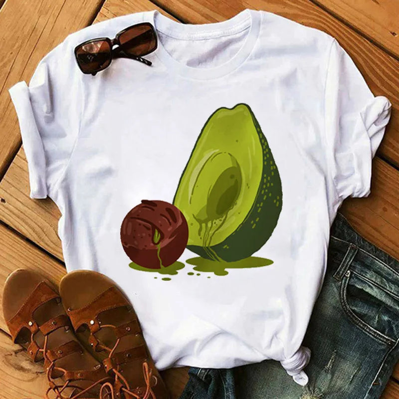 Camiseta Manga Corta Estampado Aguacate Kawaii Mujer