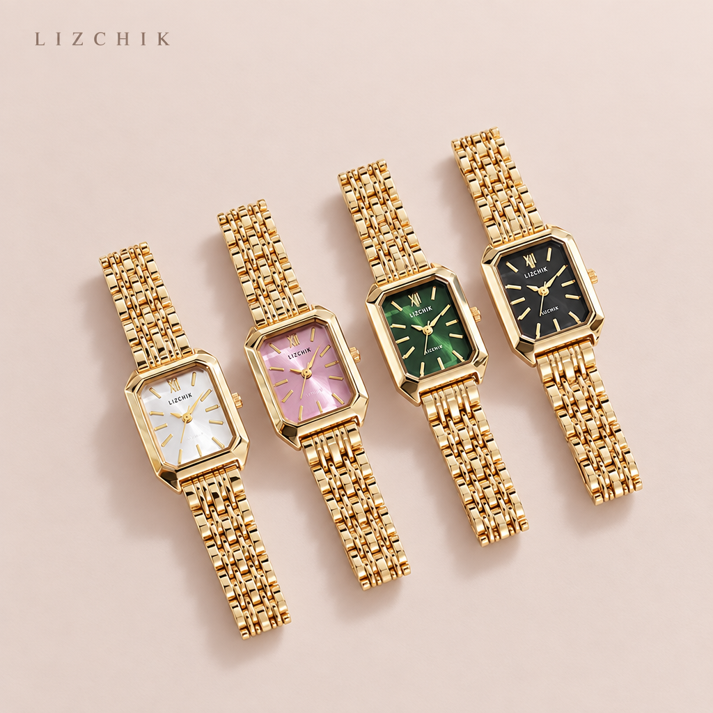 Cuatro relojes rectangulares dorados con fondo LIZCHIK