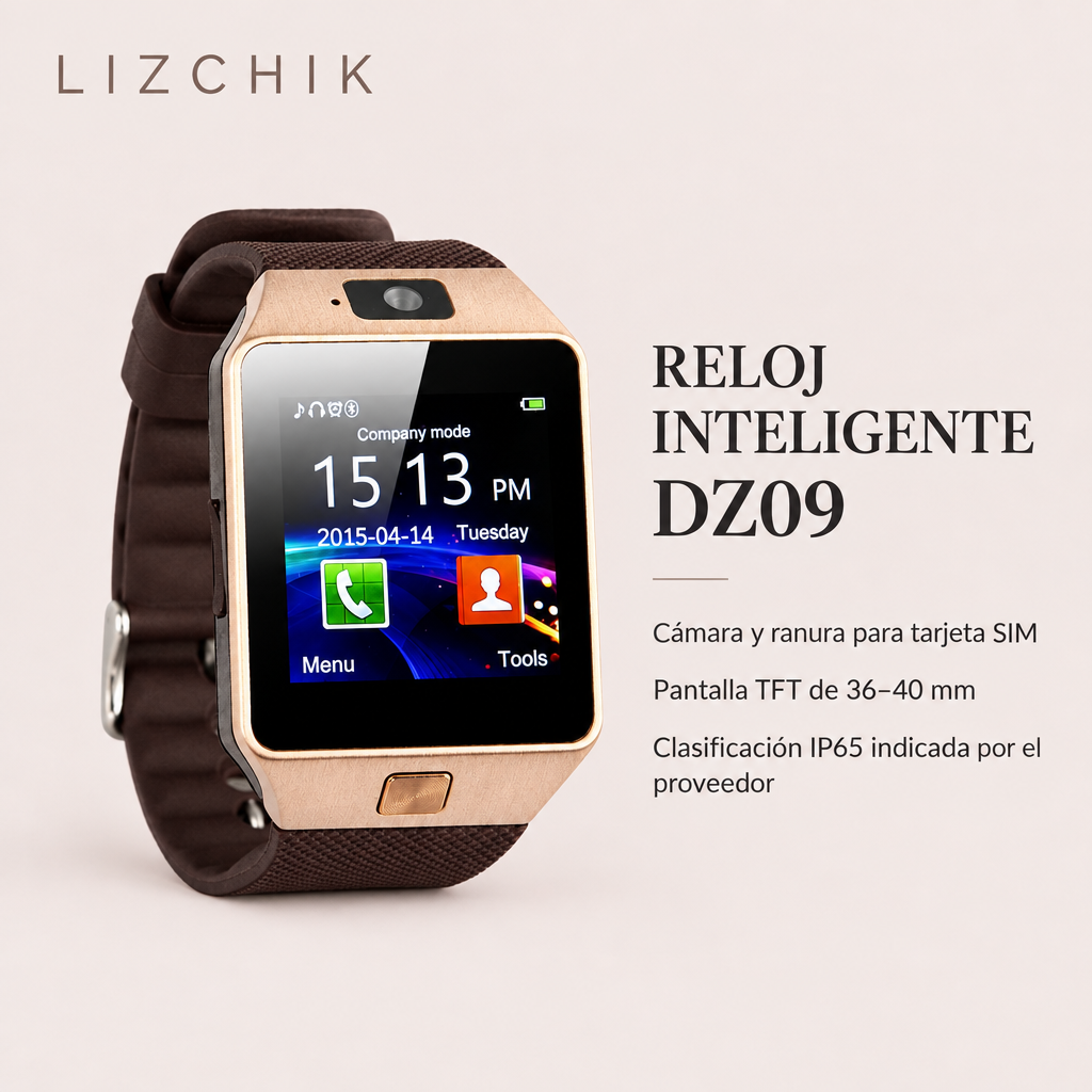 Reloj DZ09 dorado con correa marrón; imagen informativa sobre cámara, ranura SIM, pantalla TFT y clasificación IP65 indicada por el proveedor