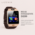 Reloj DZ09 dorado con correa marrón; imagen informativa sobre cámara, ranura SIM, pantalla TFT y clasificación IP65 indicada por el proveedor