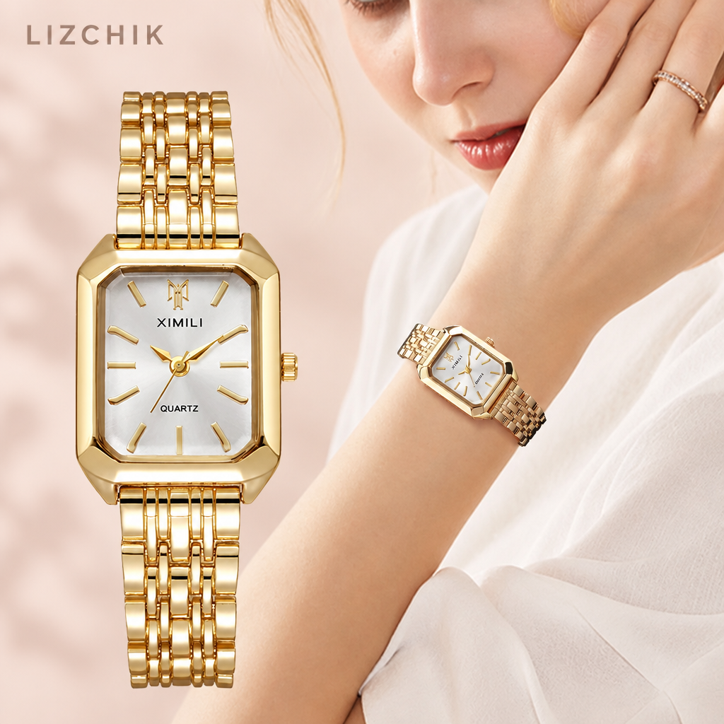 Modelo femenina con reloj rectangular dorado y fondo LIZCHIK