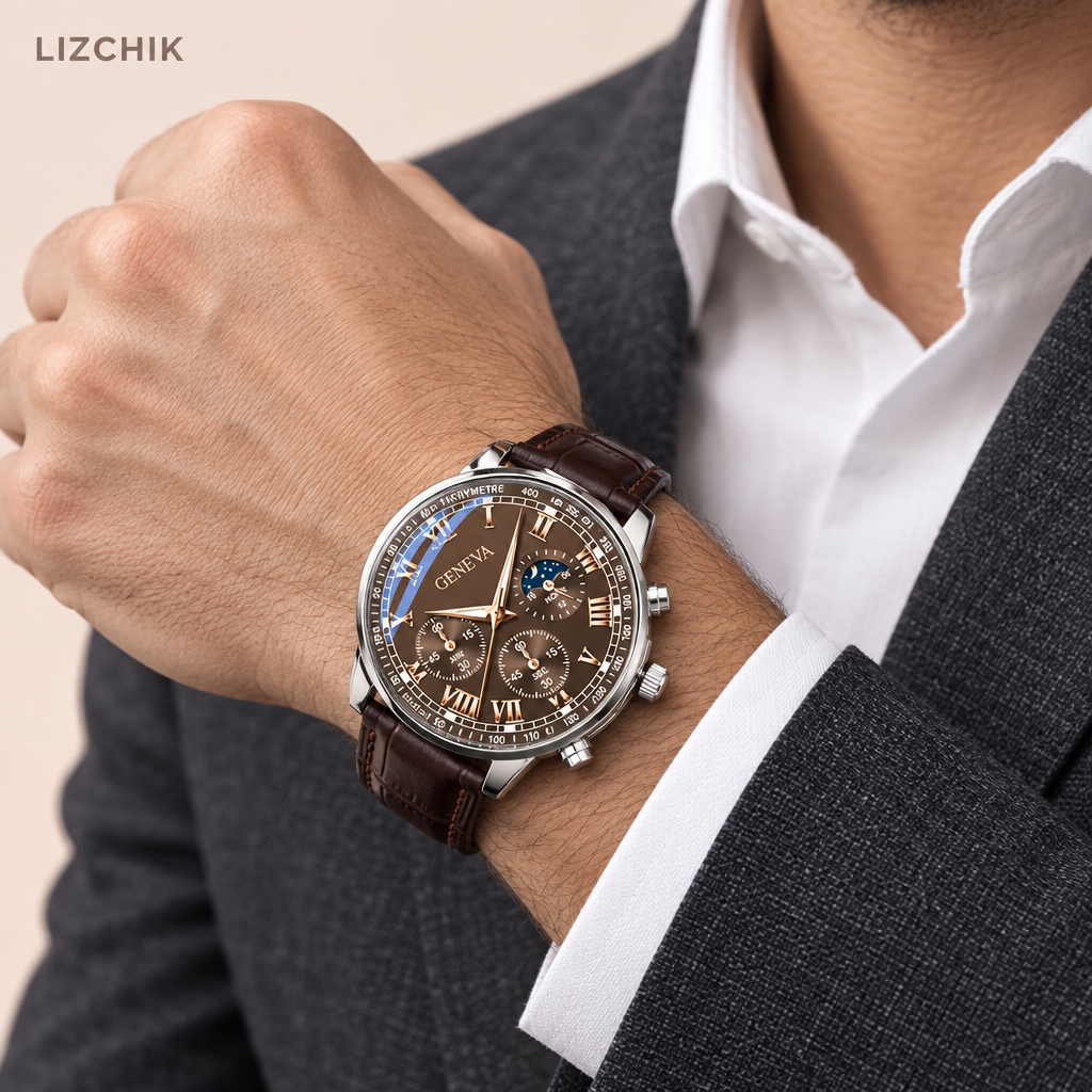 Propuesta del reloj GENEVA con modelo masculino y fondo LIZCHIK