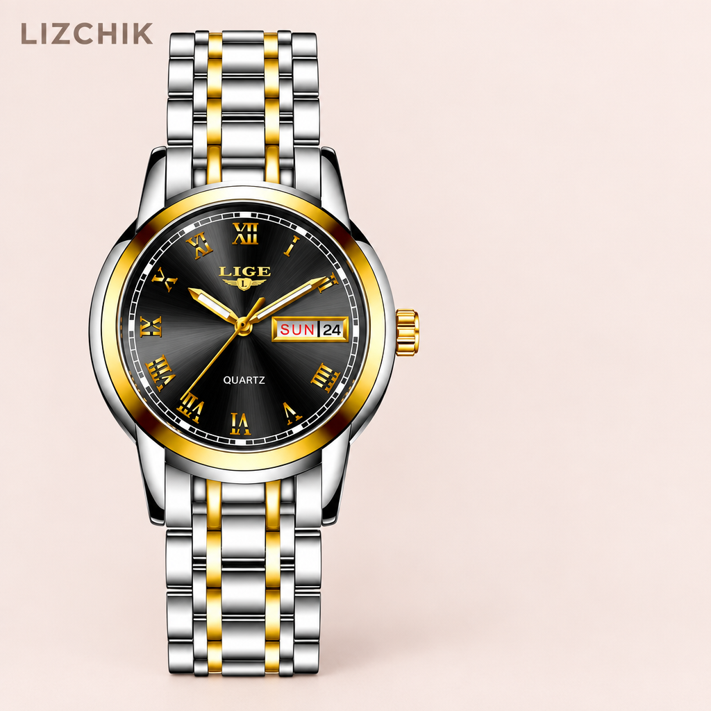 Reloj dorado con esfera negra