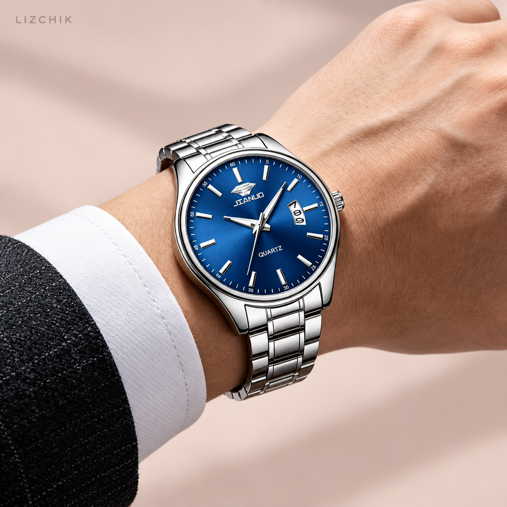 Reloj JIANUO azul en la muñeca con fondo LIZCHIK