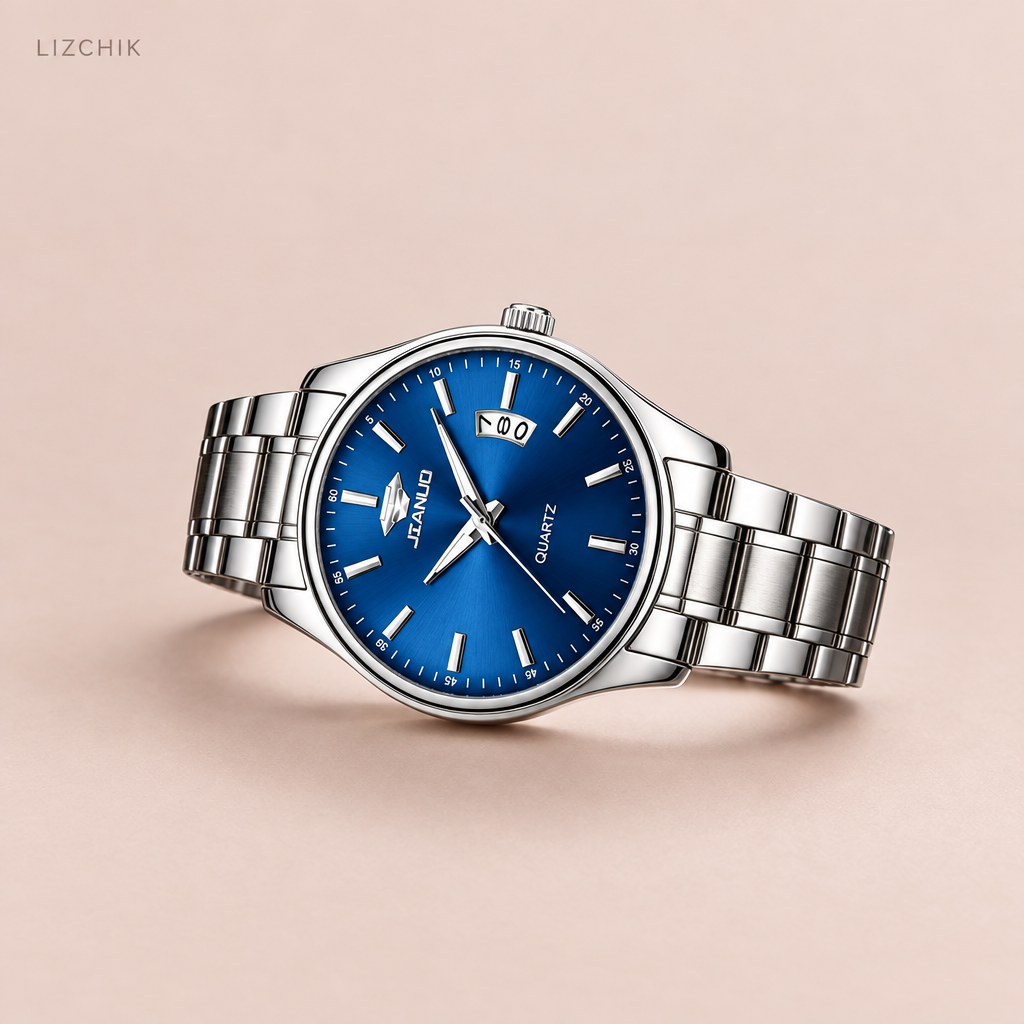 Reloj JIANUO plateado con esfera azul y fondo LIZCHIK