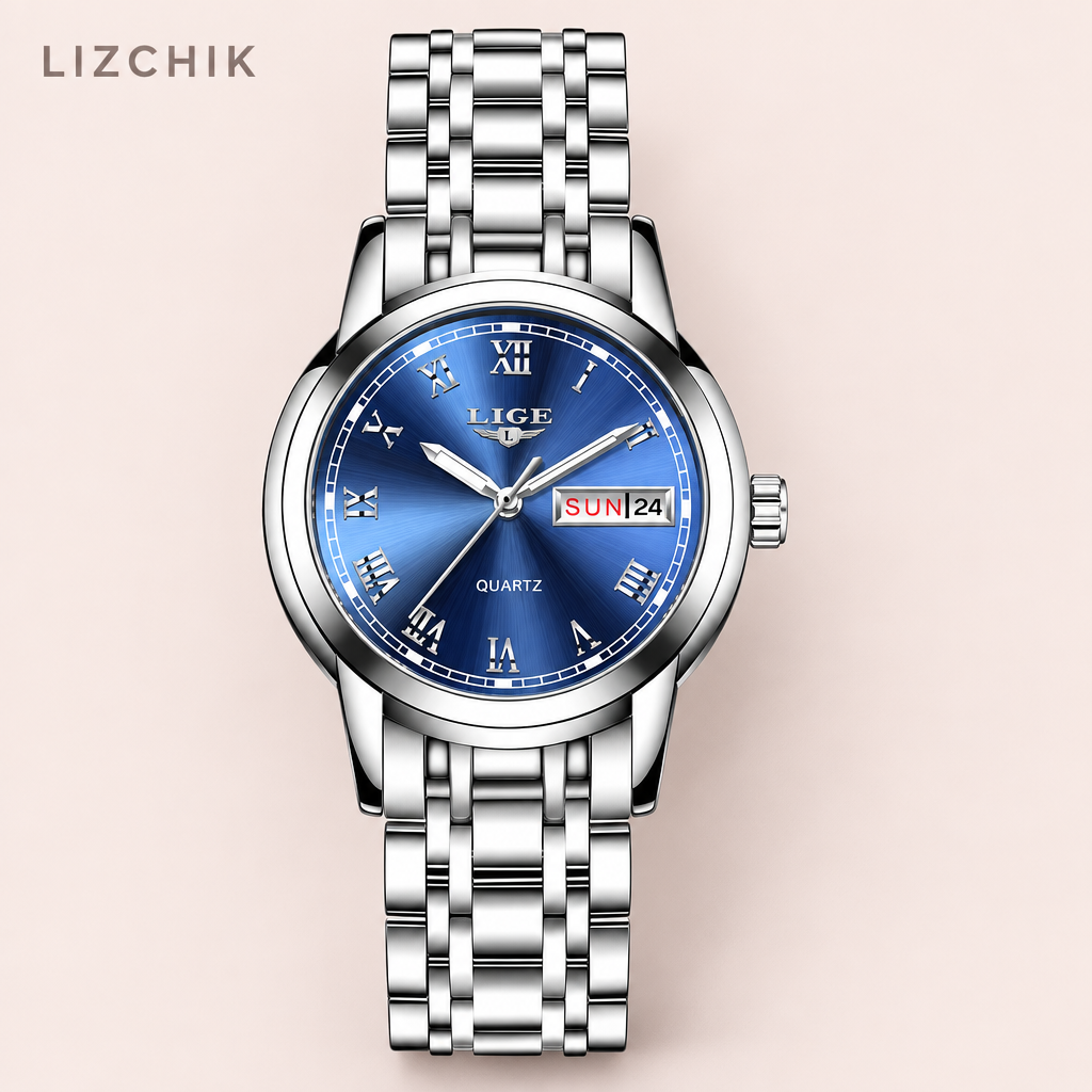 Reloj plateado con esfera azul