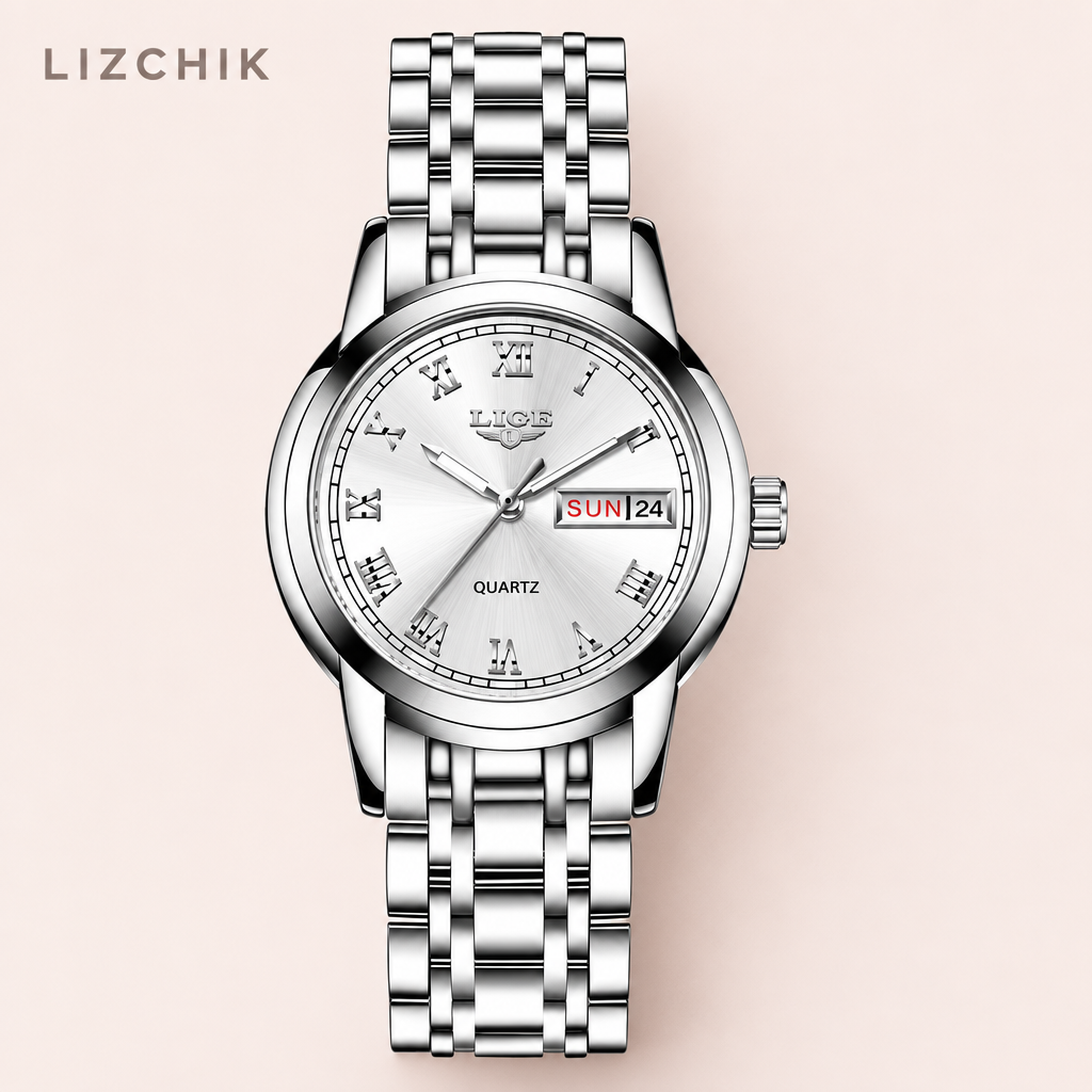 Reloj plateado con esfera blanca