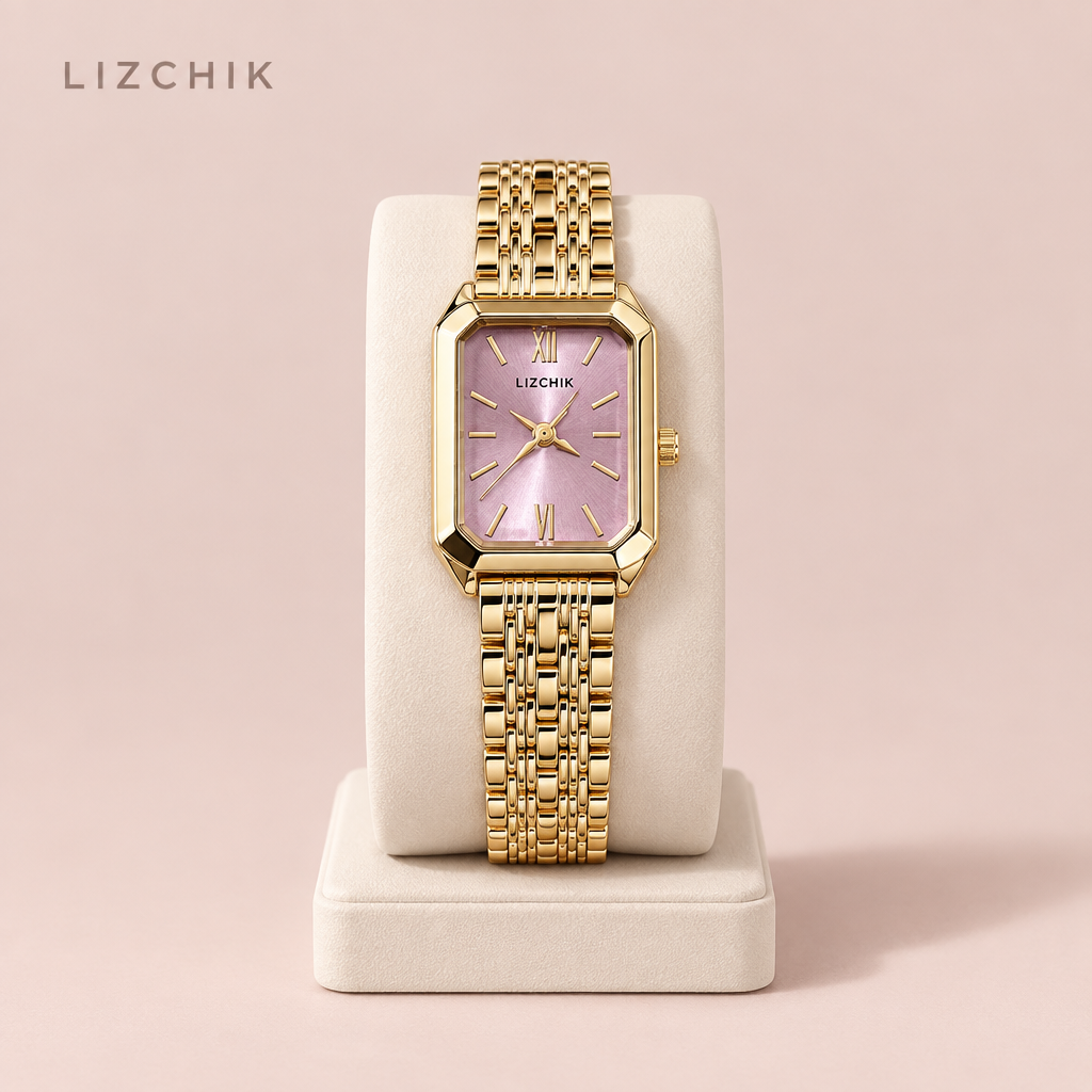 Reloj rectangular dorado con esfera rosa y fondo LIZCHIK