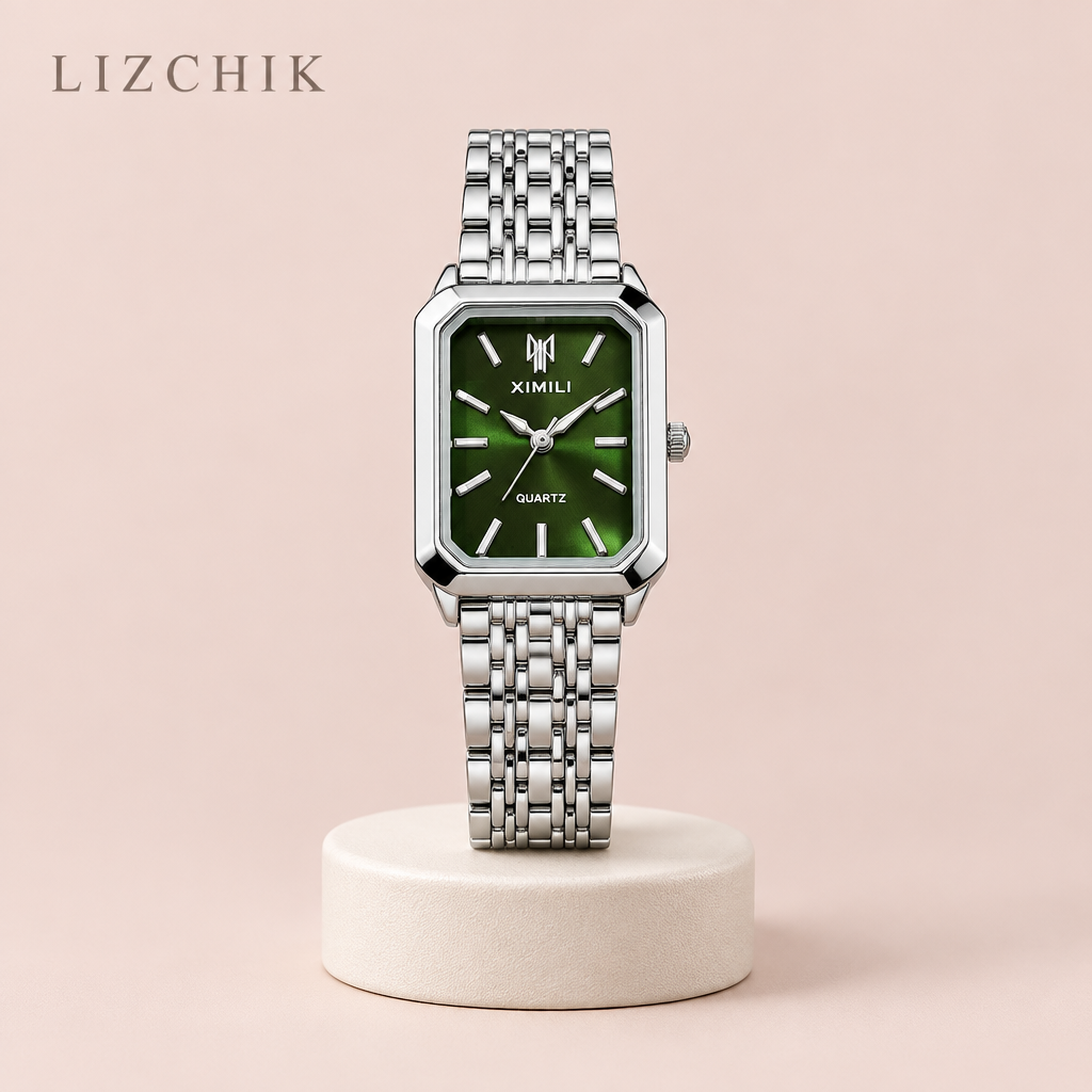 Reloj rectangular plateado con esfera verde
